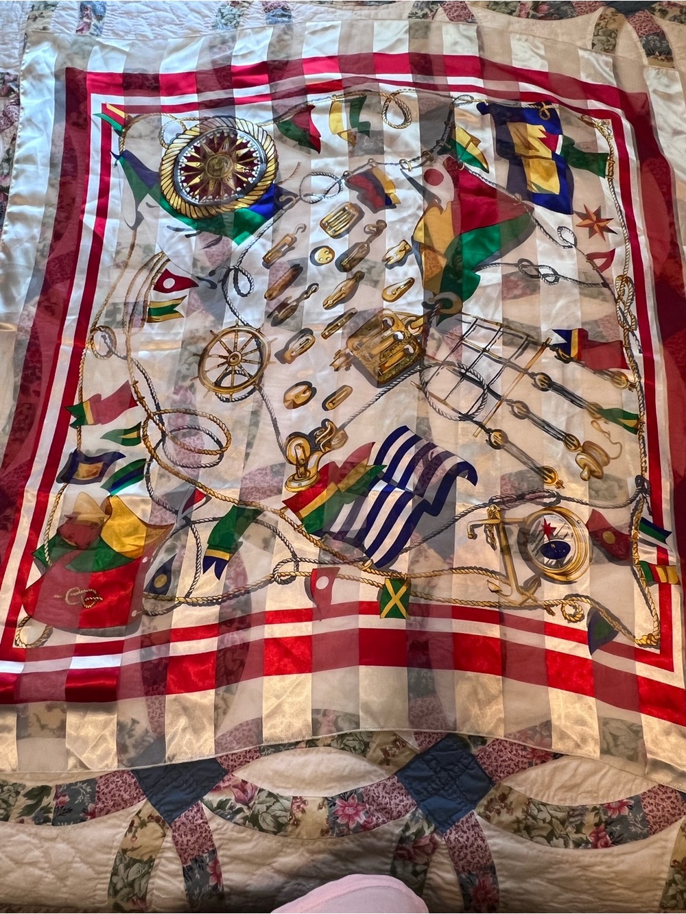 VTG Nautical Maritime Silk-Feel Square Scarf Sheer Stripe Flags Anchor